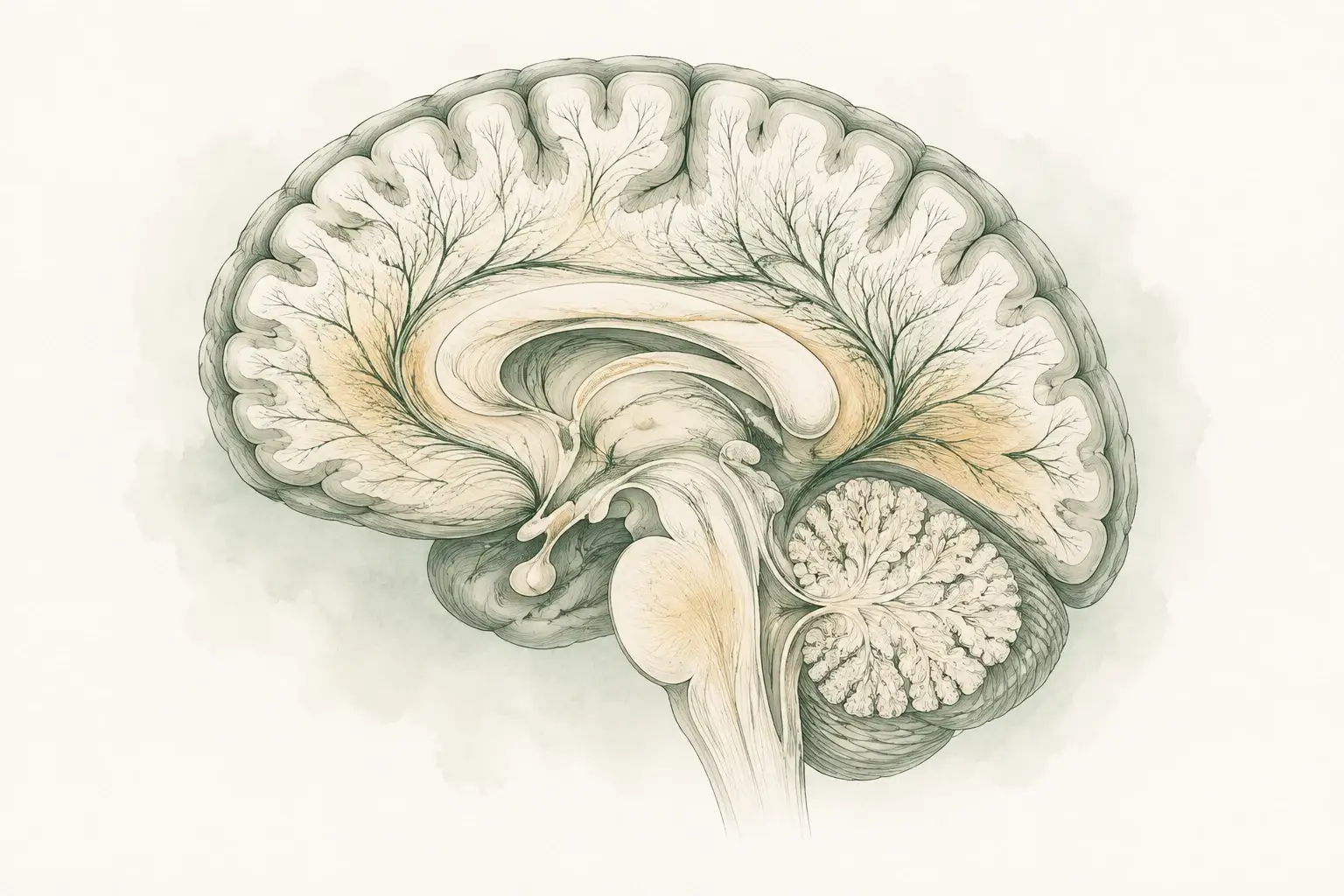 Brain cross-section showing outer gray matter and internal white matter connections.