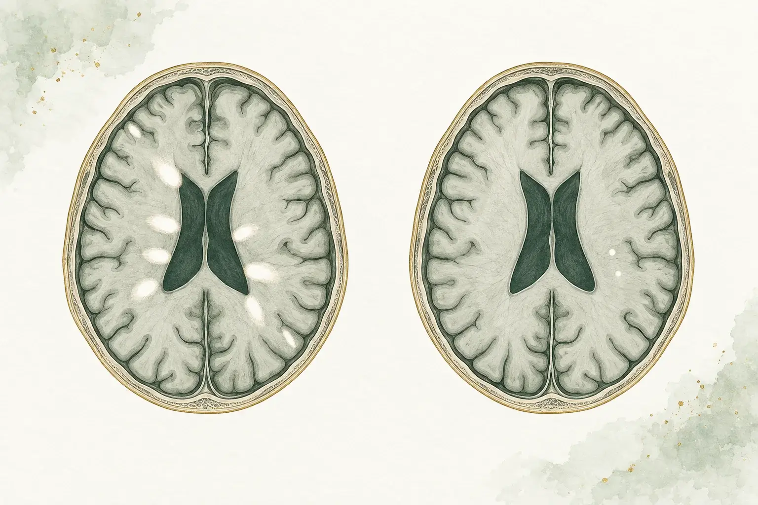Two illustrated brain MRI slices side by side: on the left, oval white spots pointing away from the fluid-filled ventricles and near the cortex, the pattern of MS; on the right, a healthy brain with only two tiny dots.