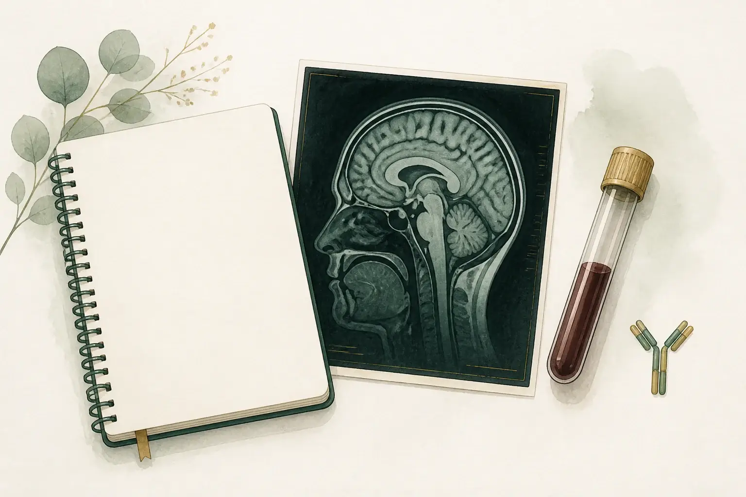 Clinical notebook beside an illustrative brain scan, laboratory tube and antibody symbol.
