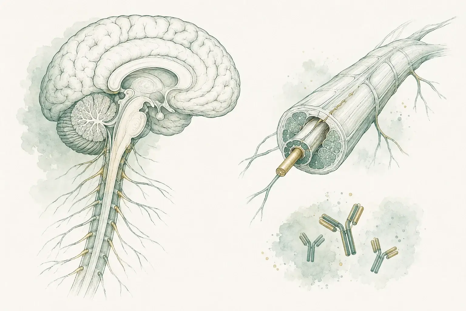 Brain and spinal cord with separate enlarged nerve and antibody illustrations.