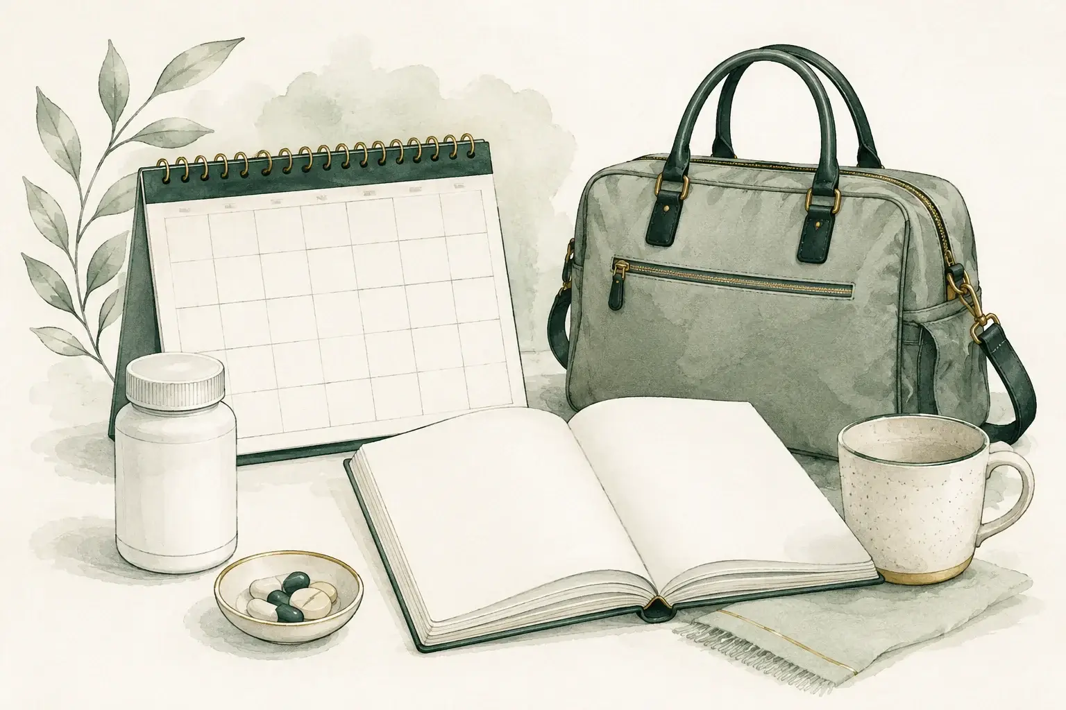 Blank calendar, medication bottle, consent booklet and travel bag.