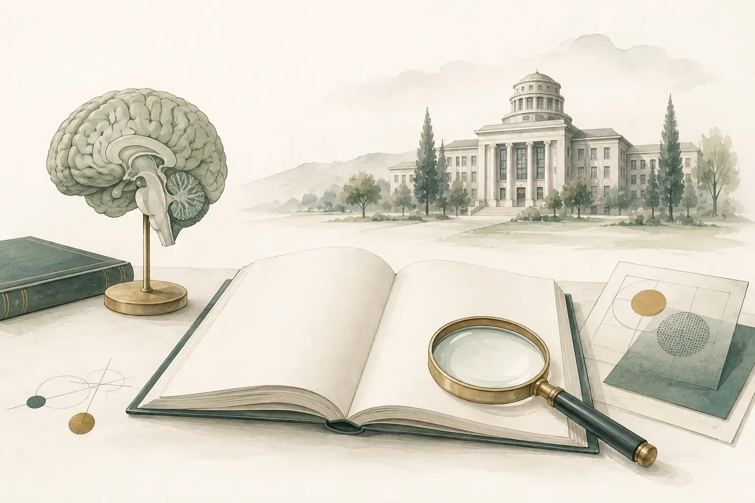 Study booklet and magnifying glass beside a brain model and a separate research center.