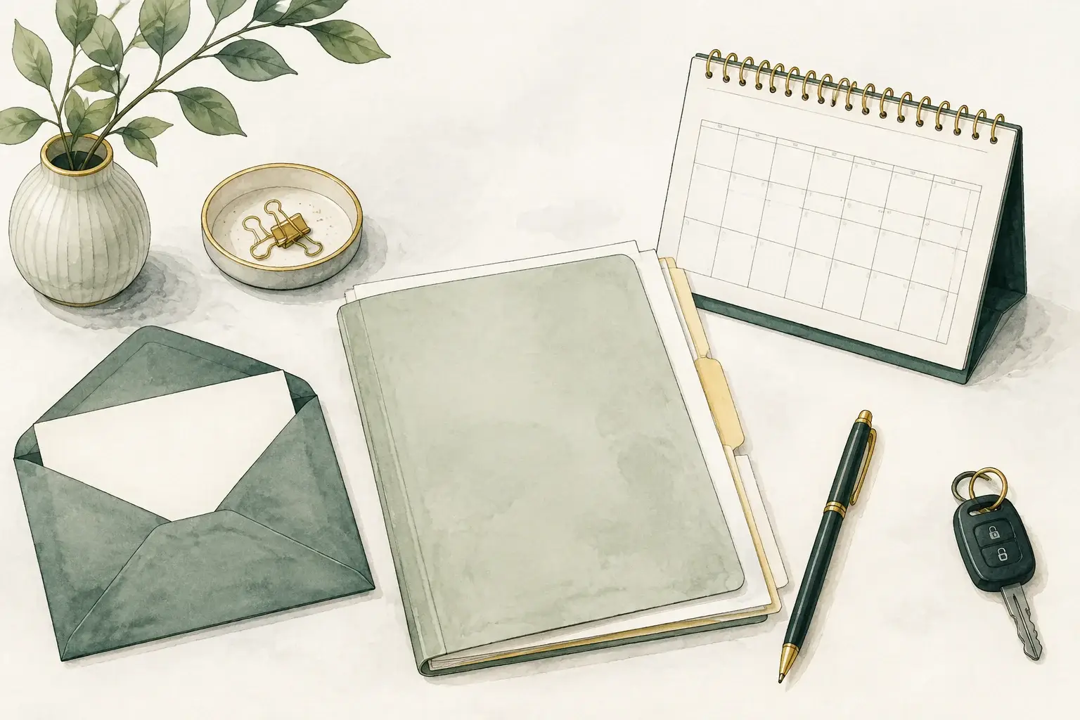 Envelope, medical-record folder and blank calendar beside a car key.
