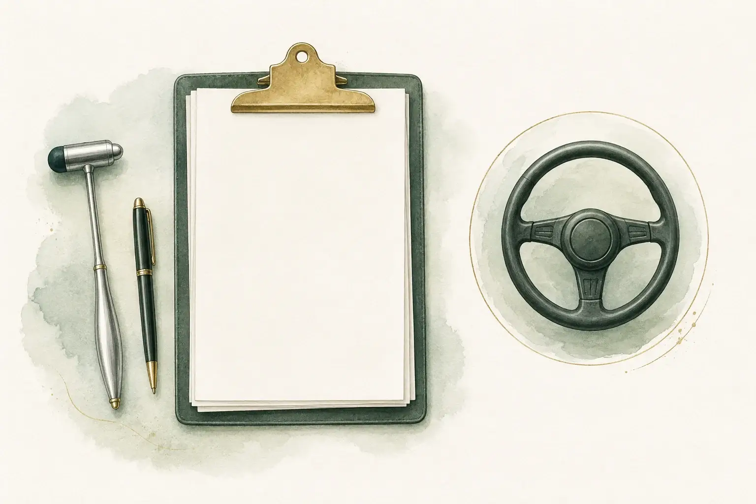 Blank medical form and reflex hammer beside a steering wheel.