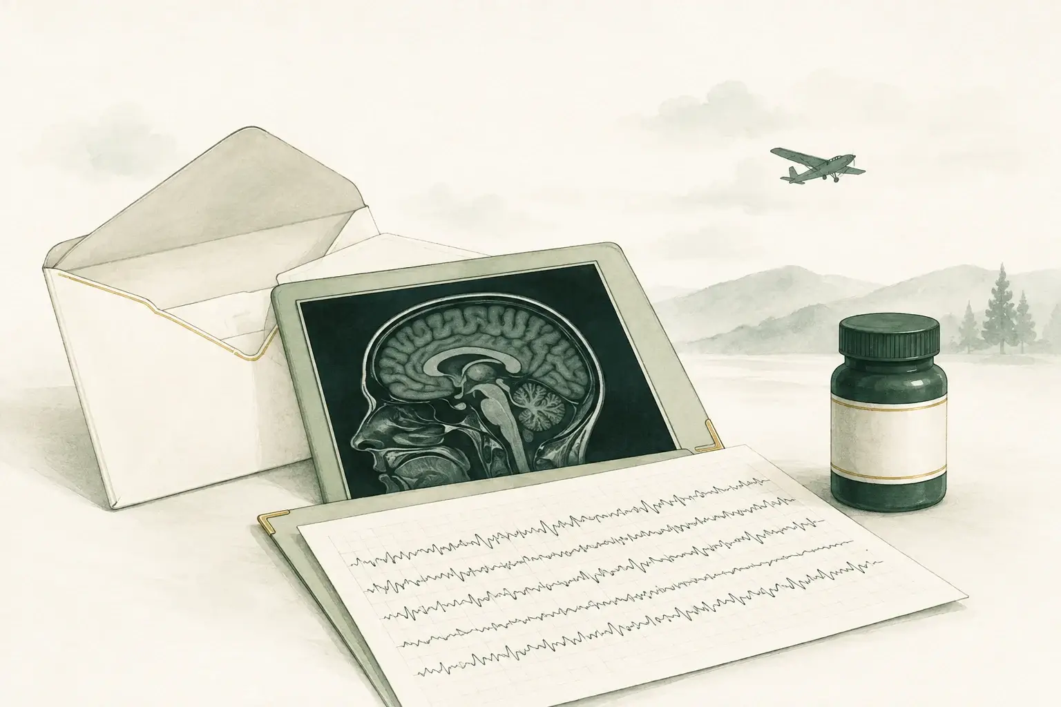 Request envelope, brain-scan folder, illustrative EEG trace and medication bottle.