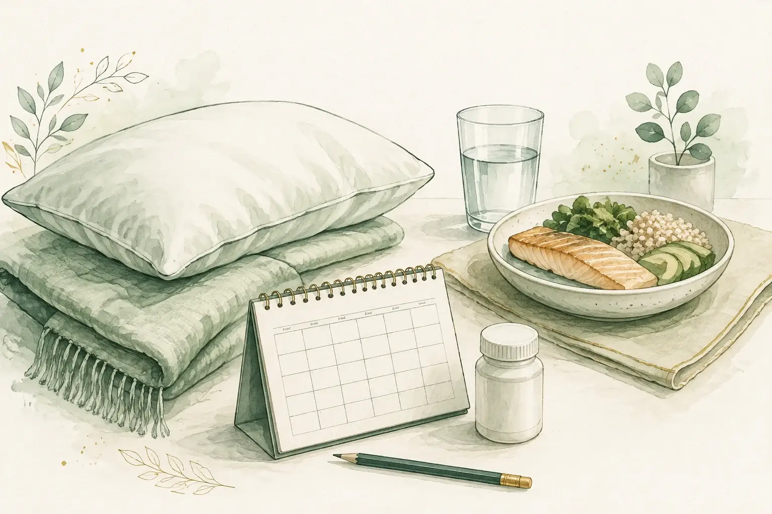 Pillow, water, a meal and a headache diary beside a medication bottle.
