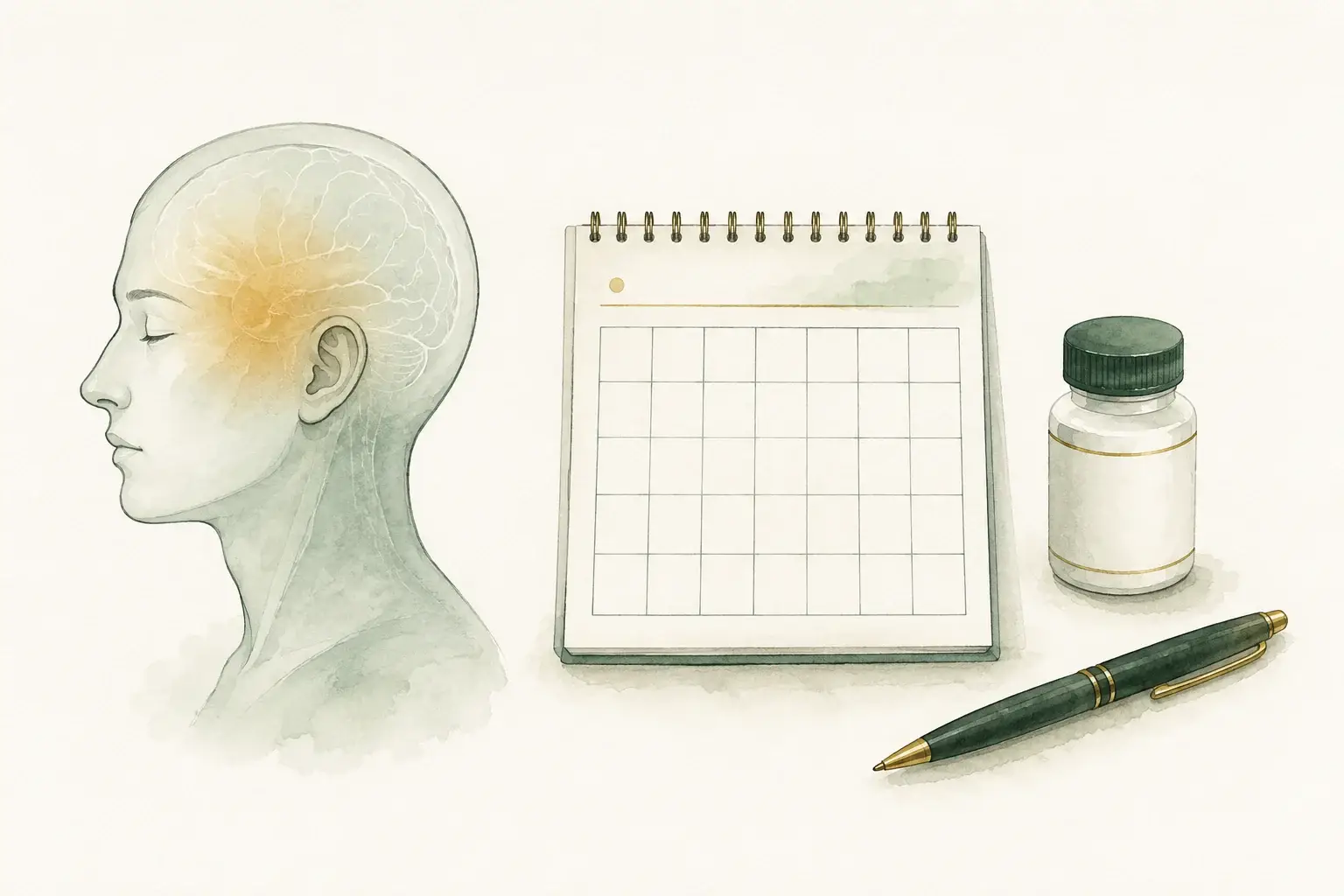 Head profile with a shaded temple beside an empty headache diary and medication bottle.