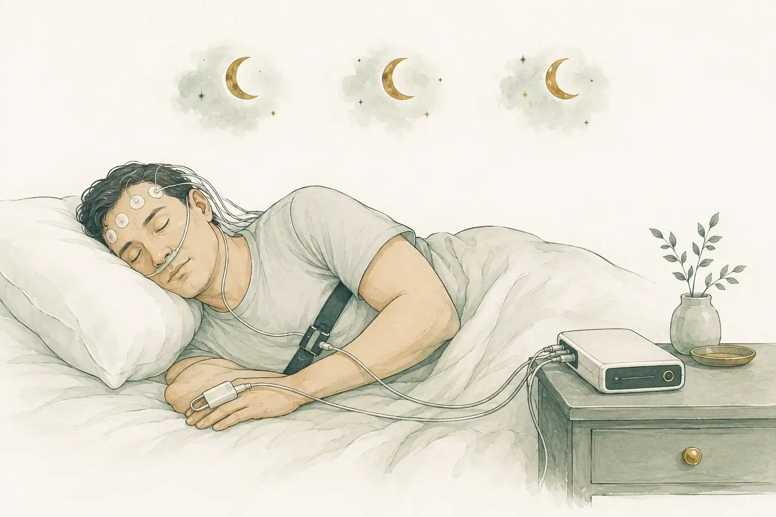 Sleeping adult wearing forehead, breathing and finger sensors beneath three moon symbols.