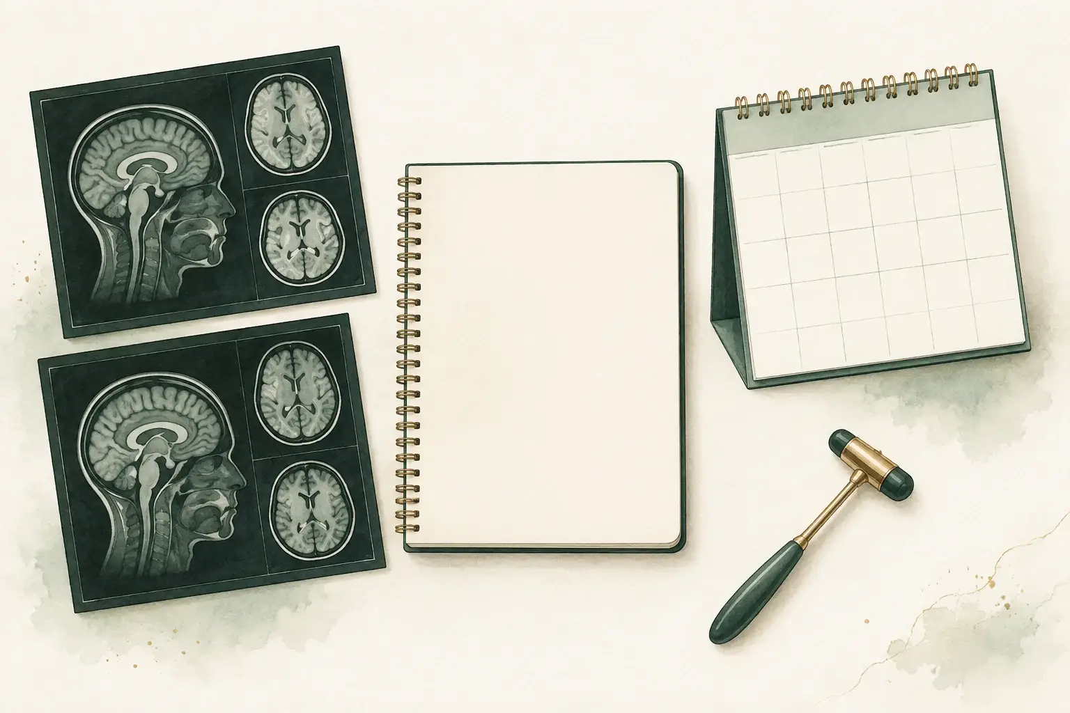 Illustrative brain scans beside a clinical notebook, calendar and reflex hammer.