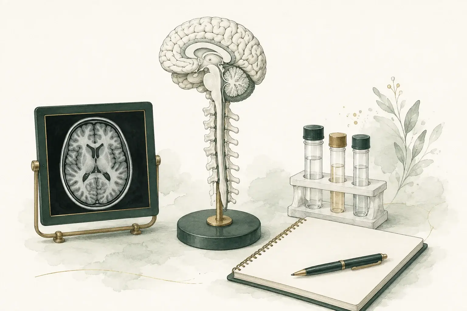 Brain and spinal cord model beside an illustrative brain scan, sample tubes and notebook.