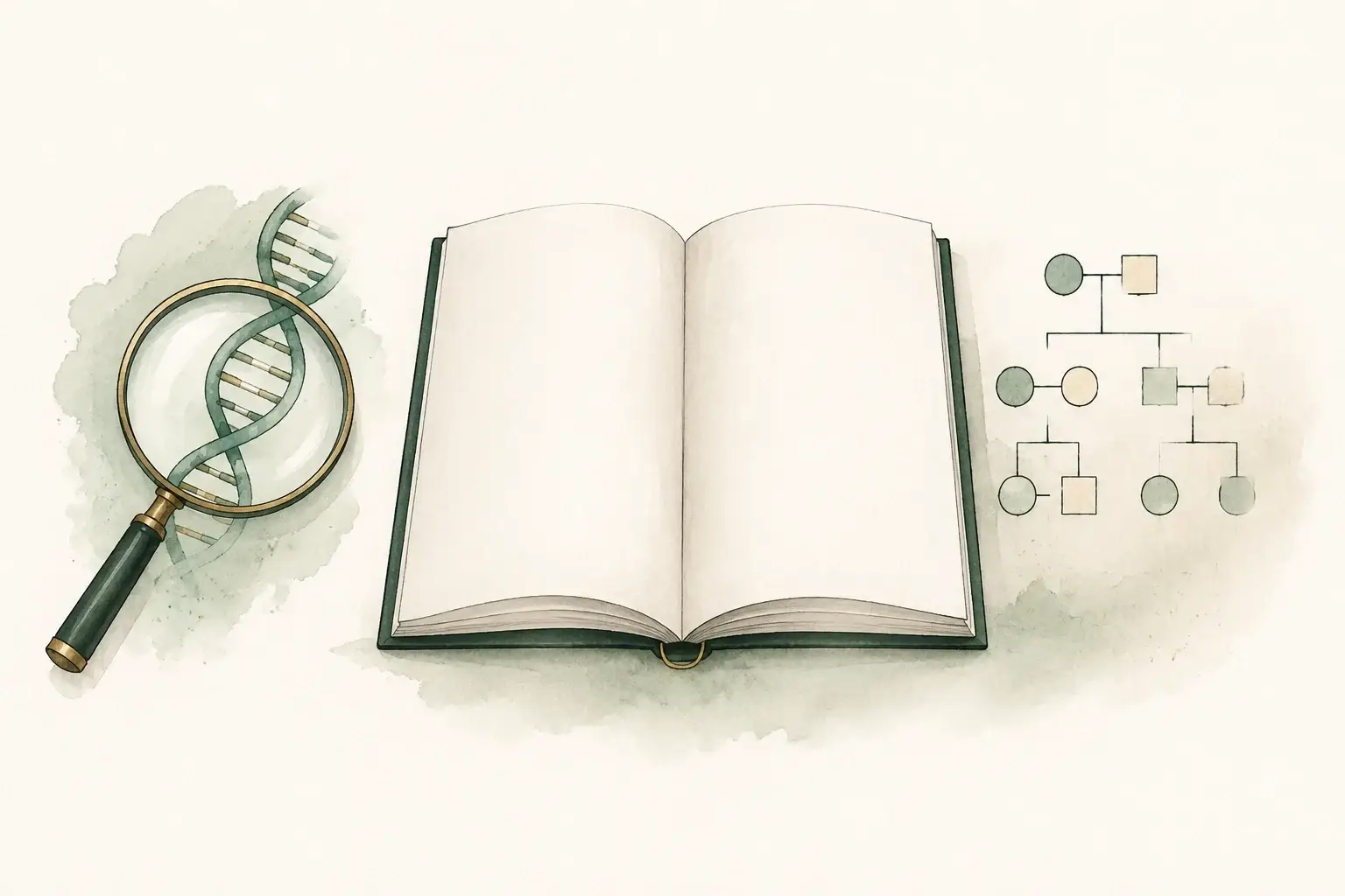Magnifying glass over a DNA helix beside a blank report and family pedigree.