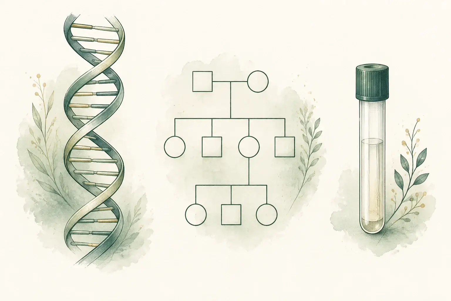DNA double helix beside a family pedigree and sample tube.