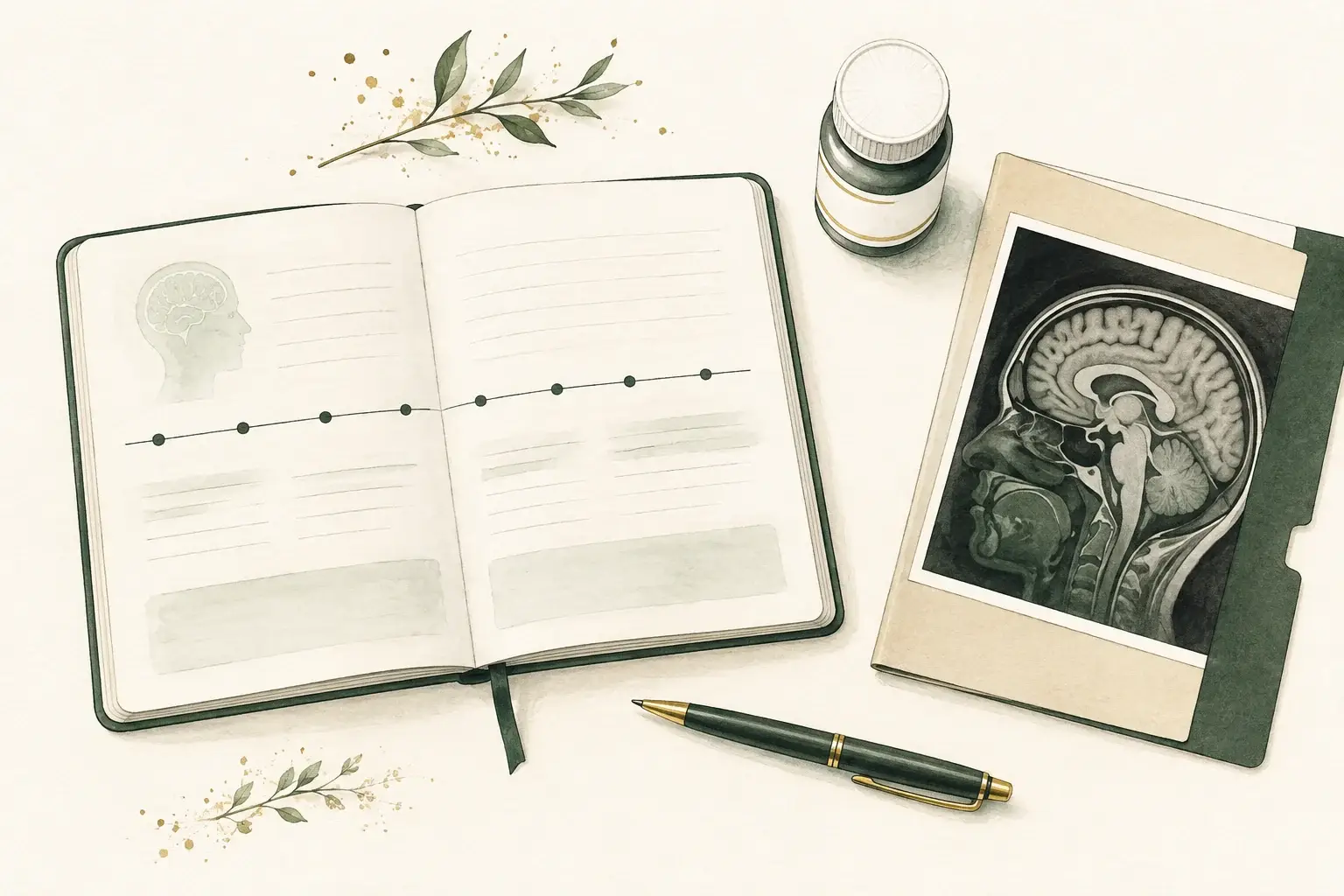Symptom notebook with an unnumbered timeline beside a medication bottle and scan folder.