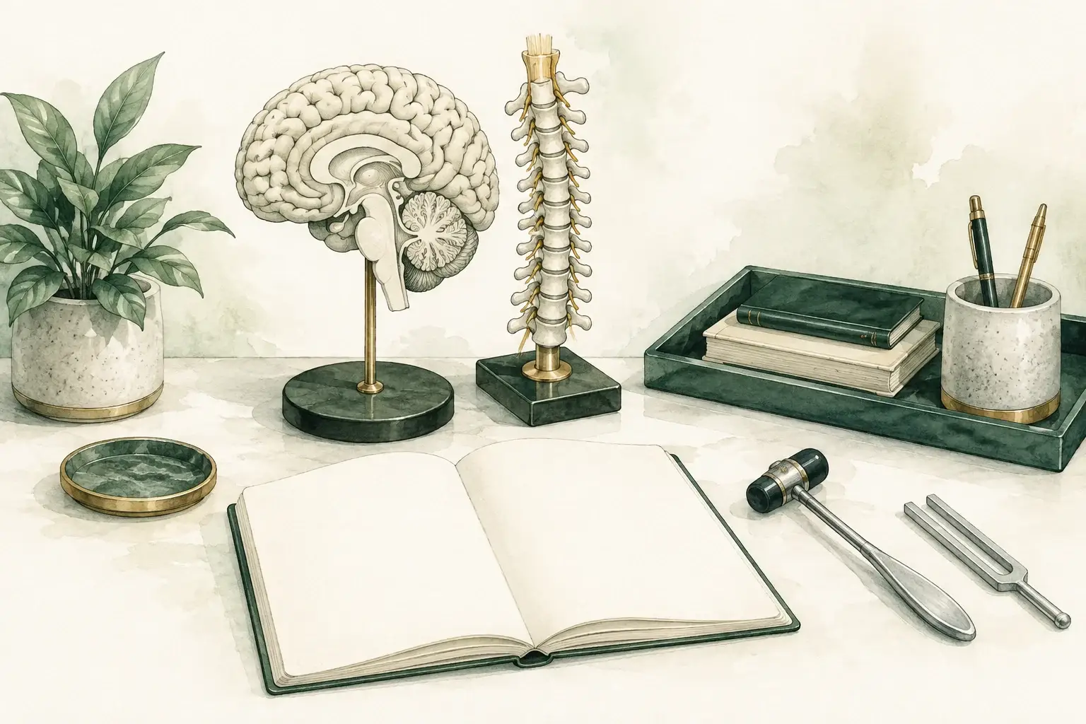 Brain and spinal models with a reflex hammer, tuning fork and blank notebook.