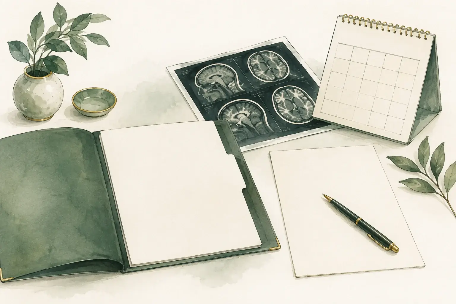Open assessment folder and plan page beside an illustrative brain scan and calendar.