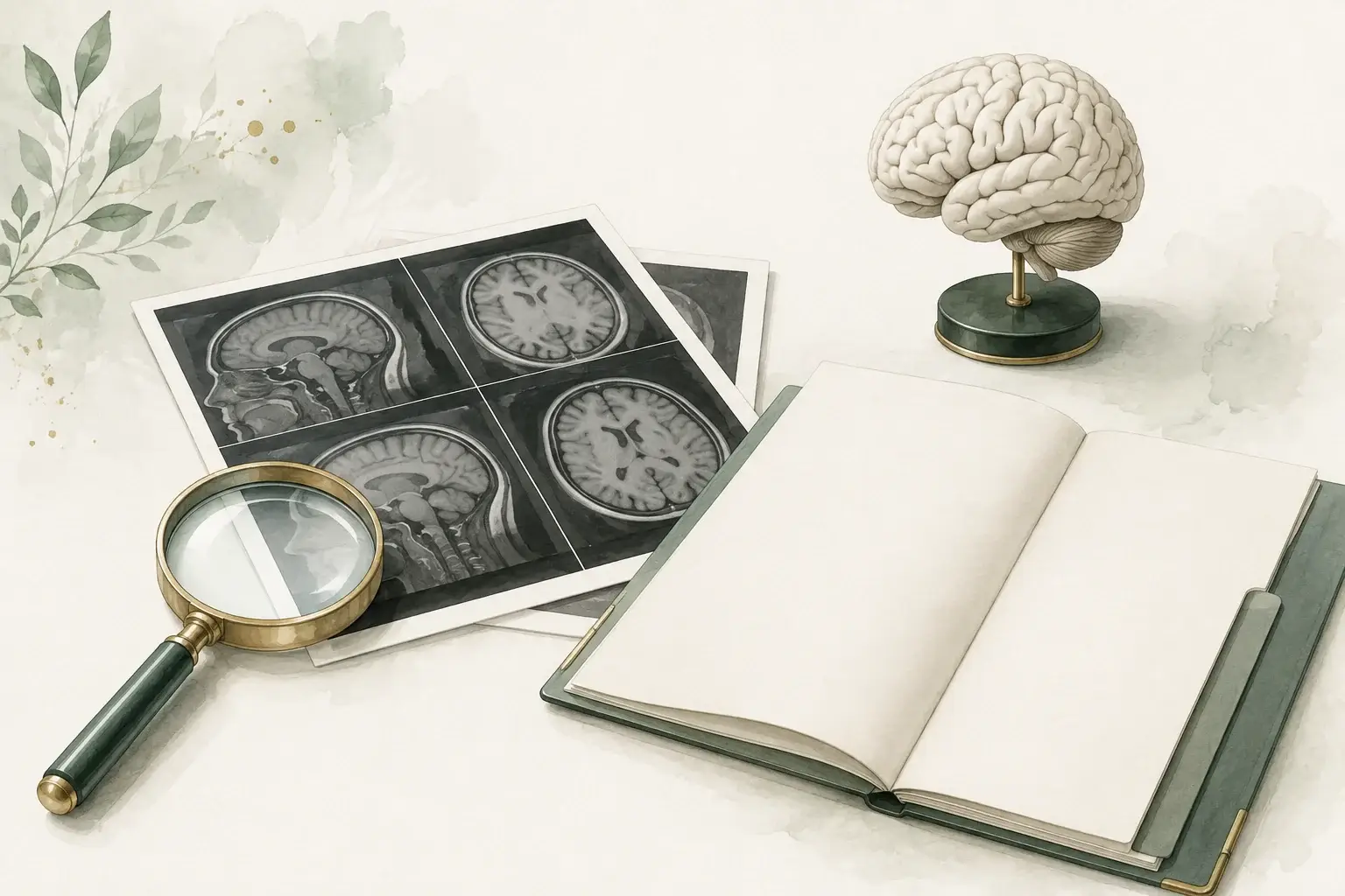 Magnifying glass beside brain scan sheets, a records folder and a brain model.