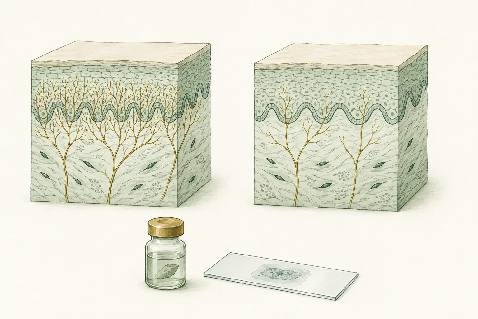 Two skin cutaways with different densities of fine nerve endings beside a vial and slide.