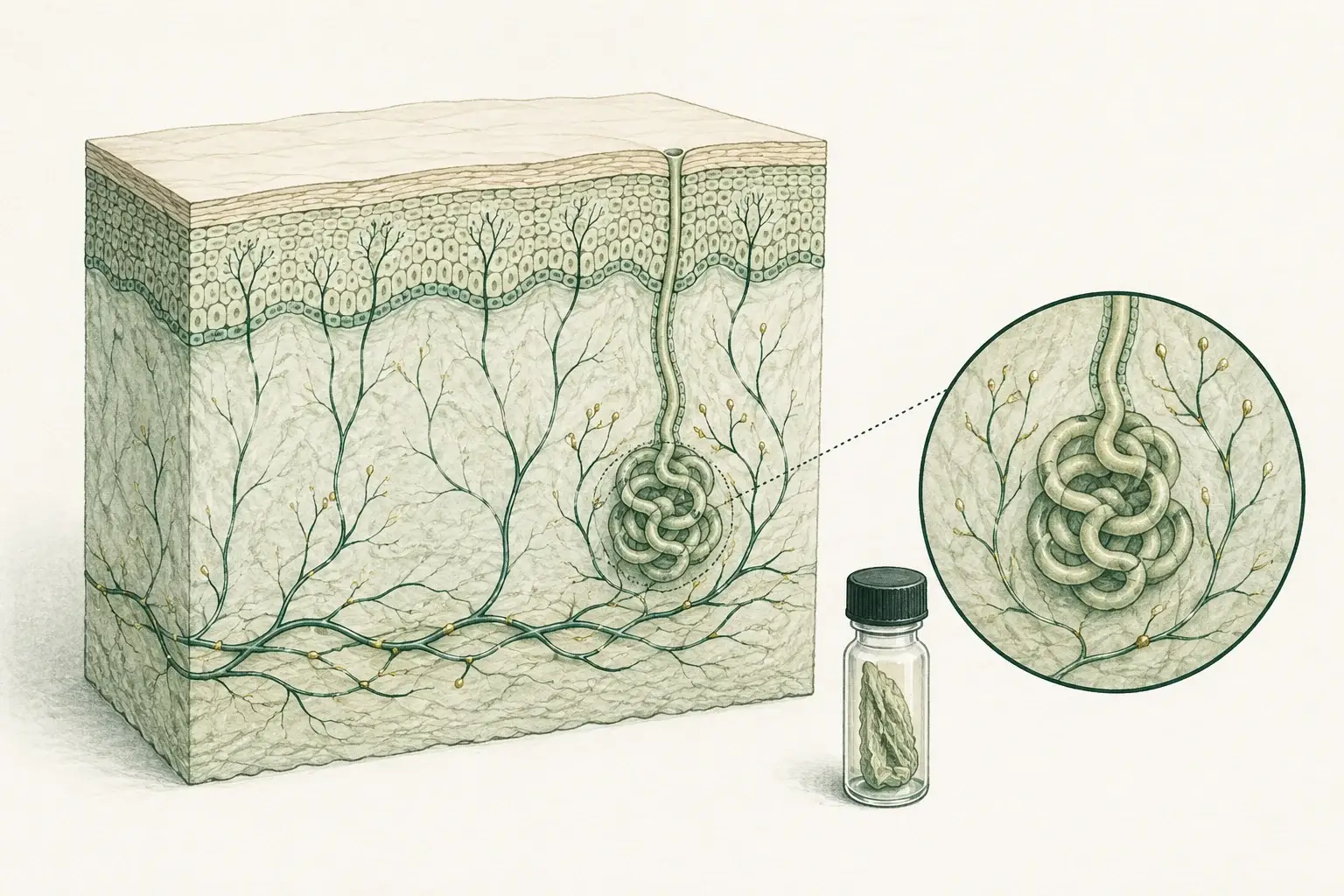 Skin cutaway showing fine nerve endings in the outer layer and nerves around a sweat gland.