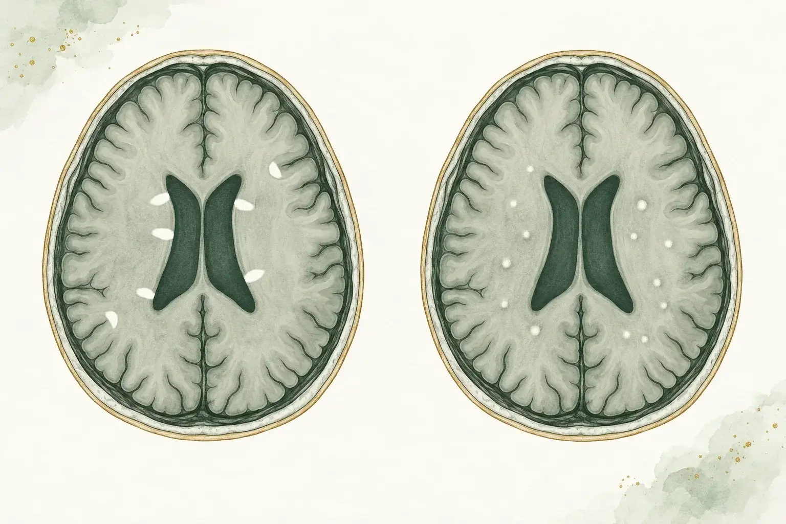 Two illustrated MRI slices of the same brain side by side: on the left, oval white spots touching the fluid-filled ventricles and pointing away from them, with others against the edge of the cortex, the pattern typical of MS; on the right, tiny round dots scattered deep in the white matter, the small vessel pattern.